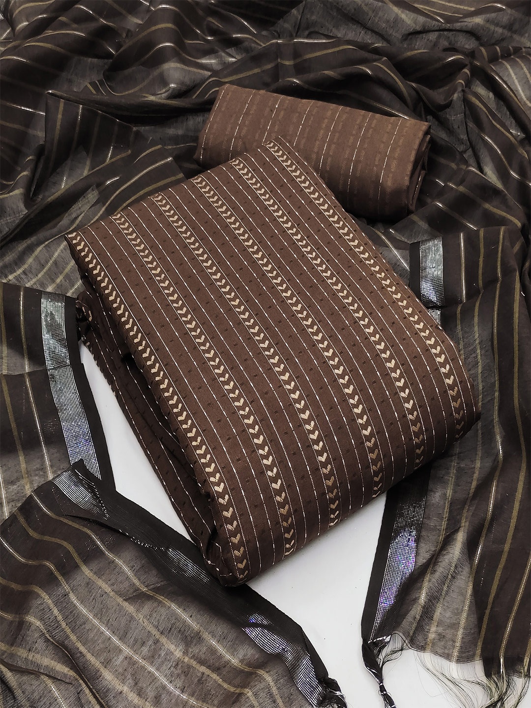 

MANVAA Striped Woven Design Unstitched Dress Material, Brown