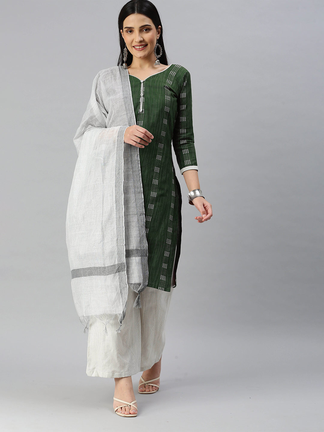 

MANVAA Geometric Woven Design Unstitched Dress Material, Green