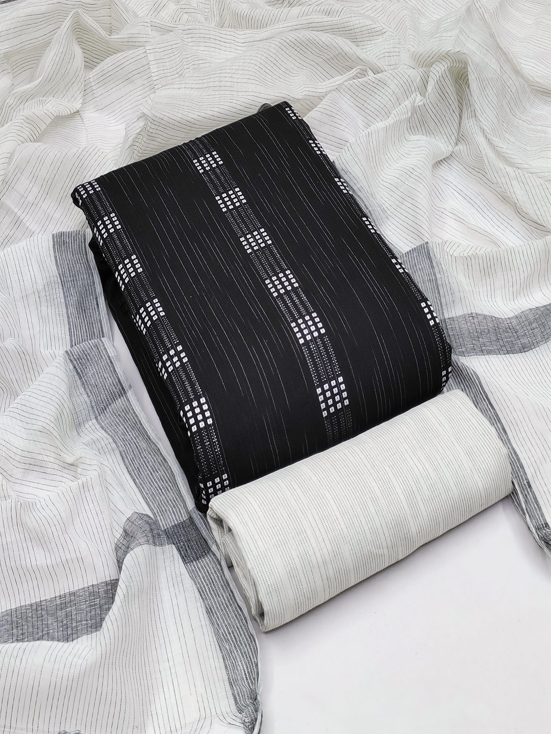 

MANVAA Striped Woven Design Jacquard Unstitched Dress Material, Black
