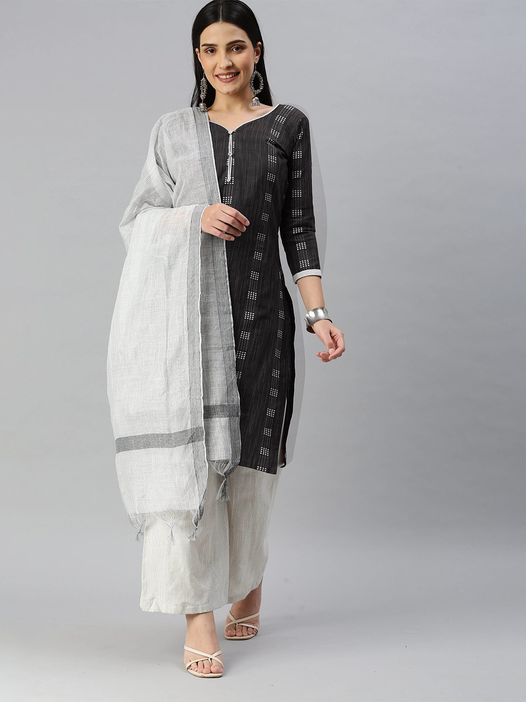

MANVAA Ethnic Motifs Woven Design Jacquard Unstitched Dress Material, Black