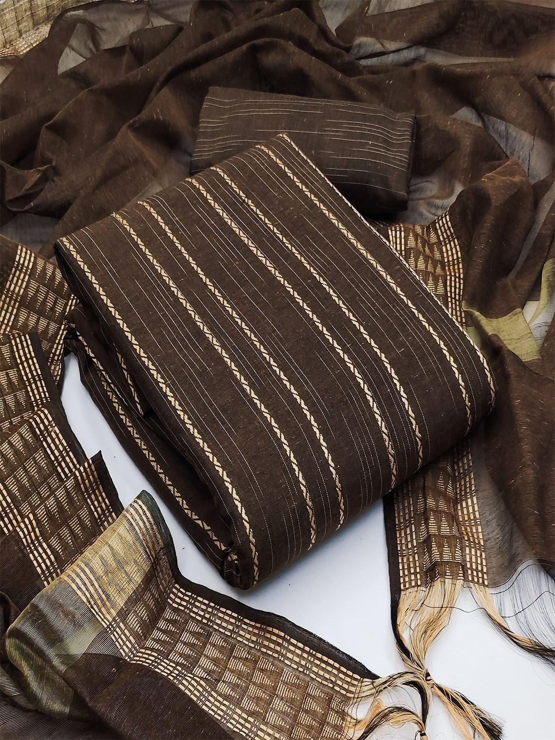 

MANVAA Striped Woven Design Jacquard Unstitched Dress Material, Brown