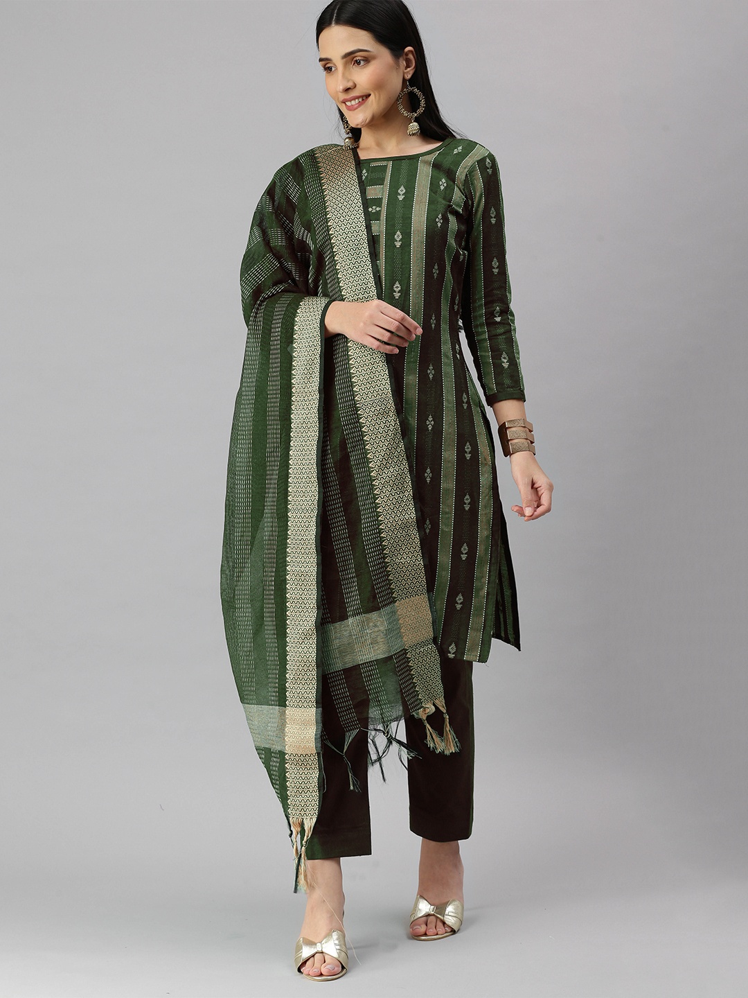

MANVAA Ethnic Motifs Woven Design Unstitched Dress Material, Green