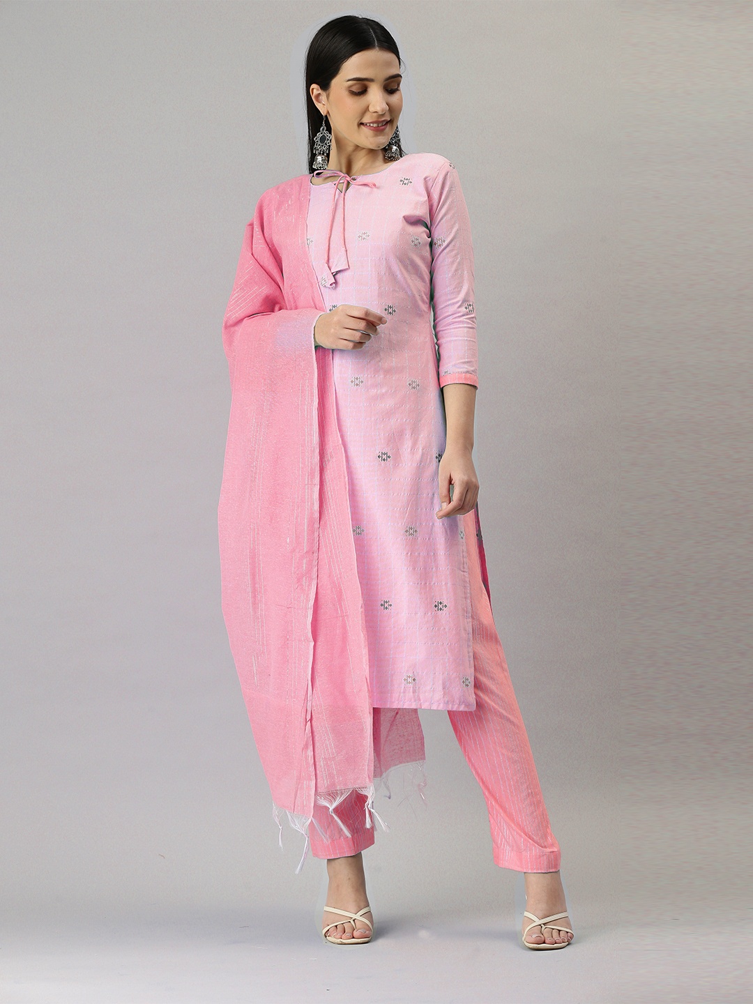 

MANVAA Geometric Woven Design Unstitched Dress Material, Pink