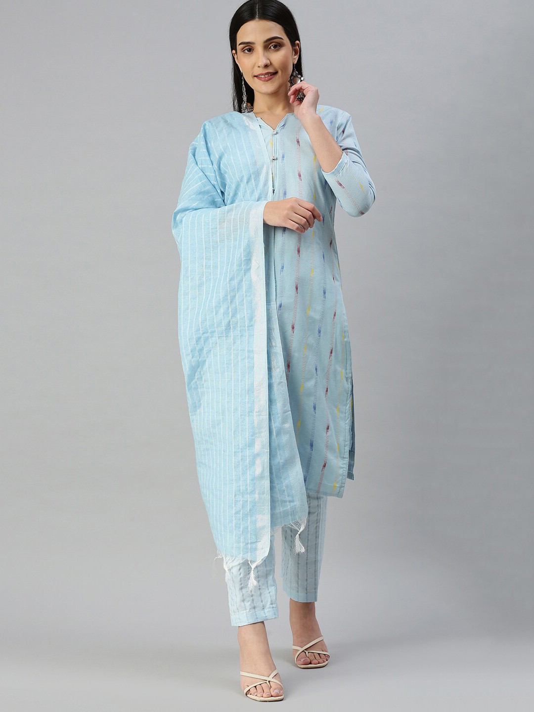 

MANVAA Striped Woven Design Unstitched Dress Material, Blue