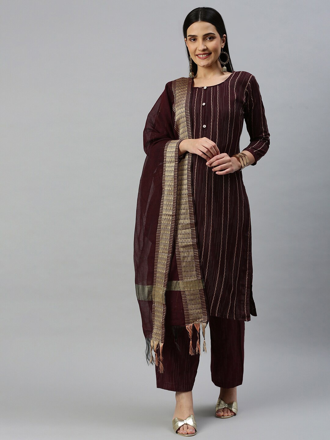 

MANVAA Striped Woven Design Unstitched Dress Material, Magenta