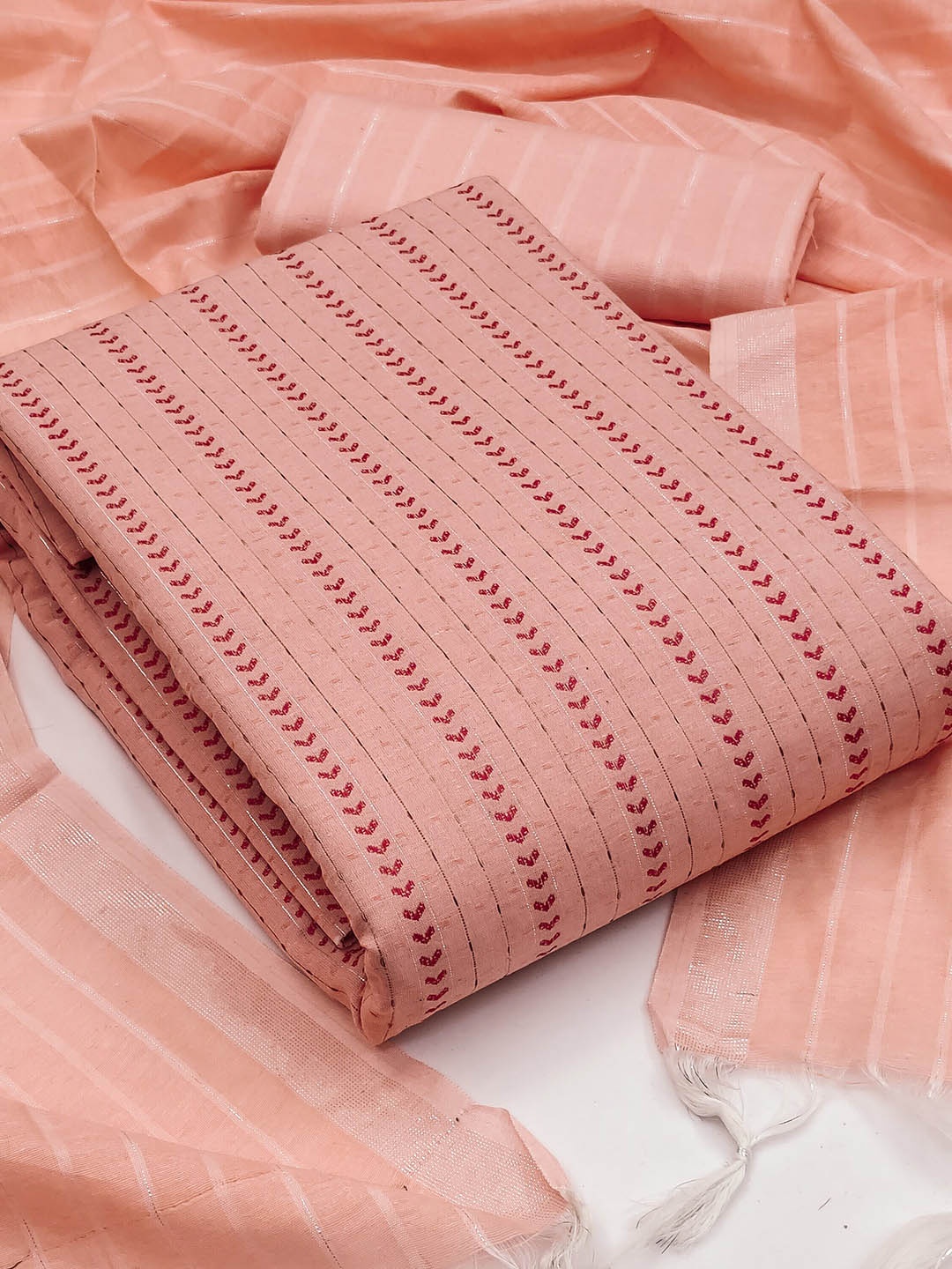 

MANVAA Striped Woven Design Jacquard Unstitched Dress Material, Peach