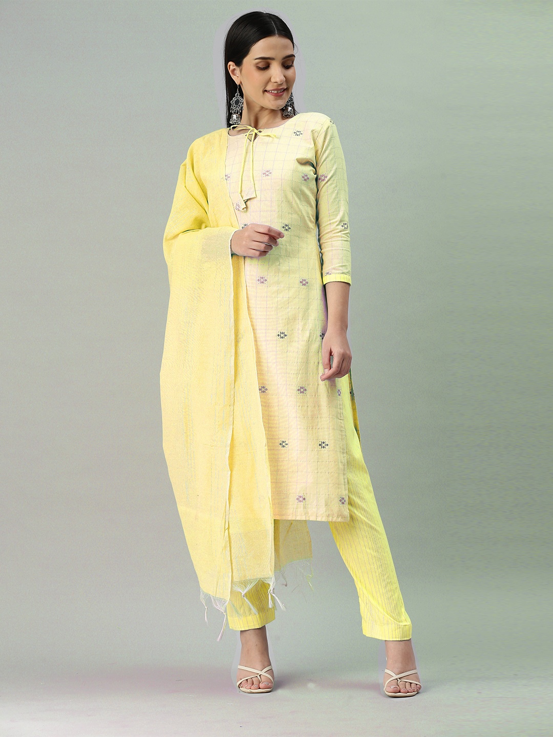 

MANVAA Ethnic Motifs Woven Design Jacquard Unstitched Dress Material, Yellow