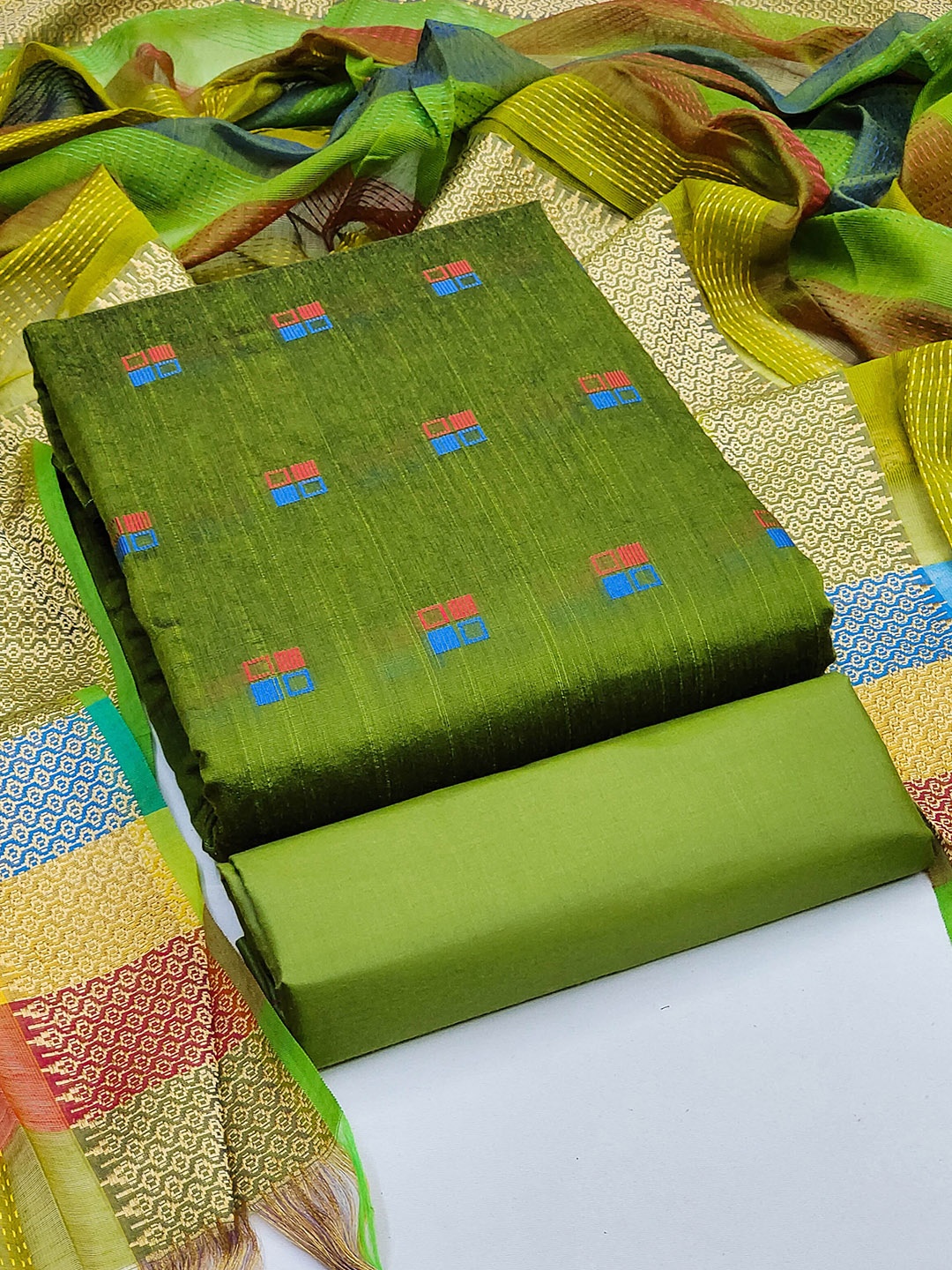 

MANVAA Geometric Woven Design Jacquard Unstitched Dress Material, Green