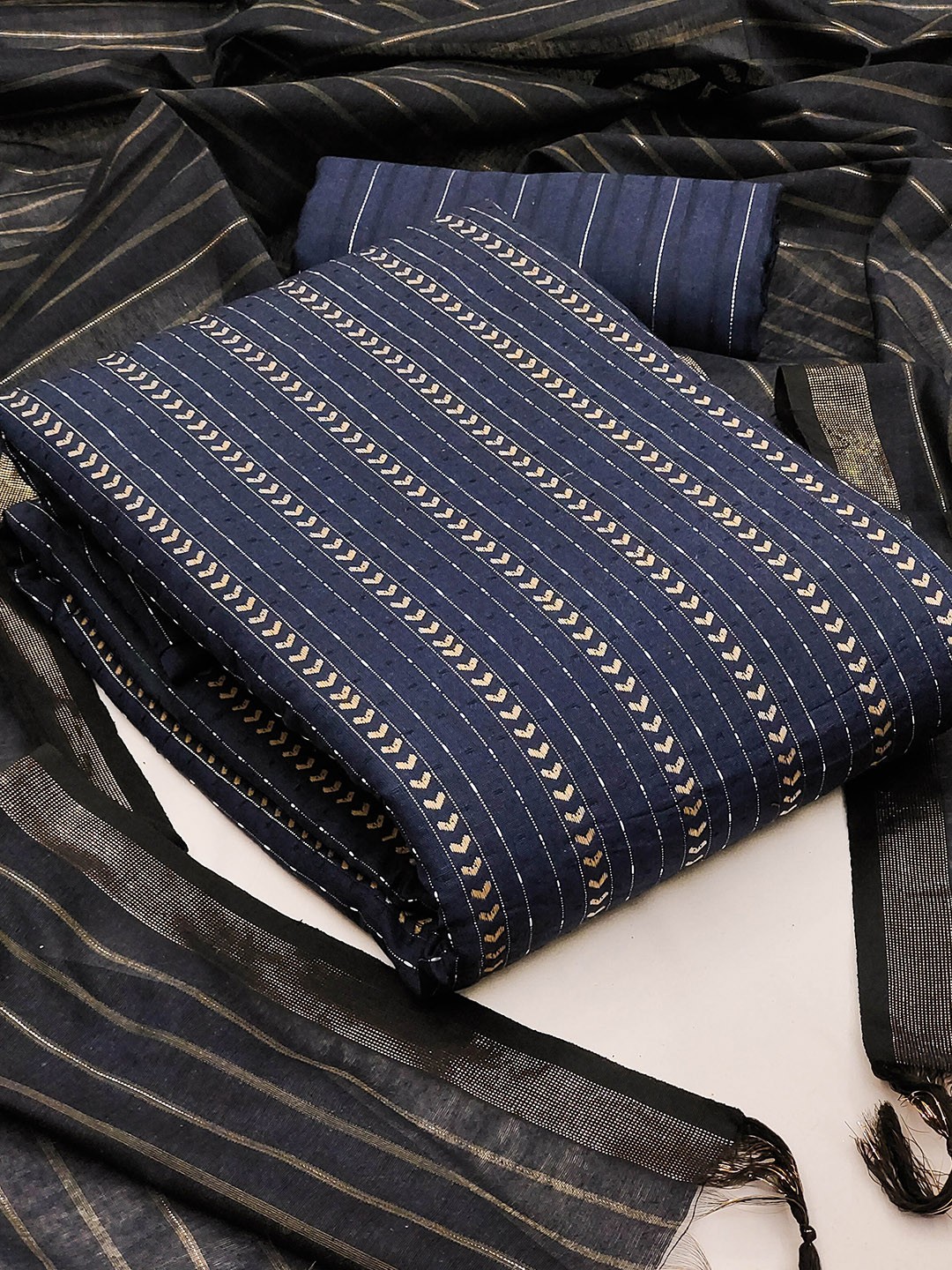 

MANVAA Striped Woven Design Unstitched Dress Material, Blue