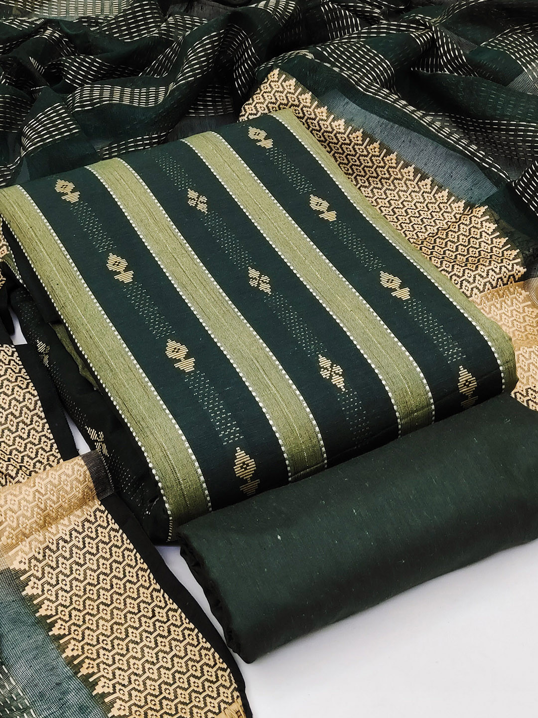 

MANVAA Ethnic Motifs Woven Design Jacquard Unstitched Dress Material, Green