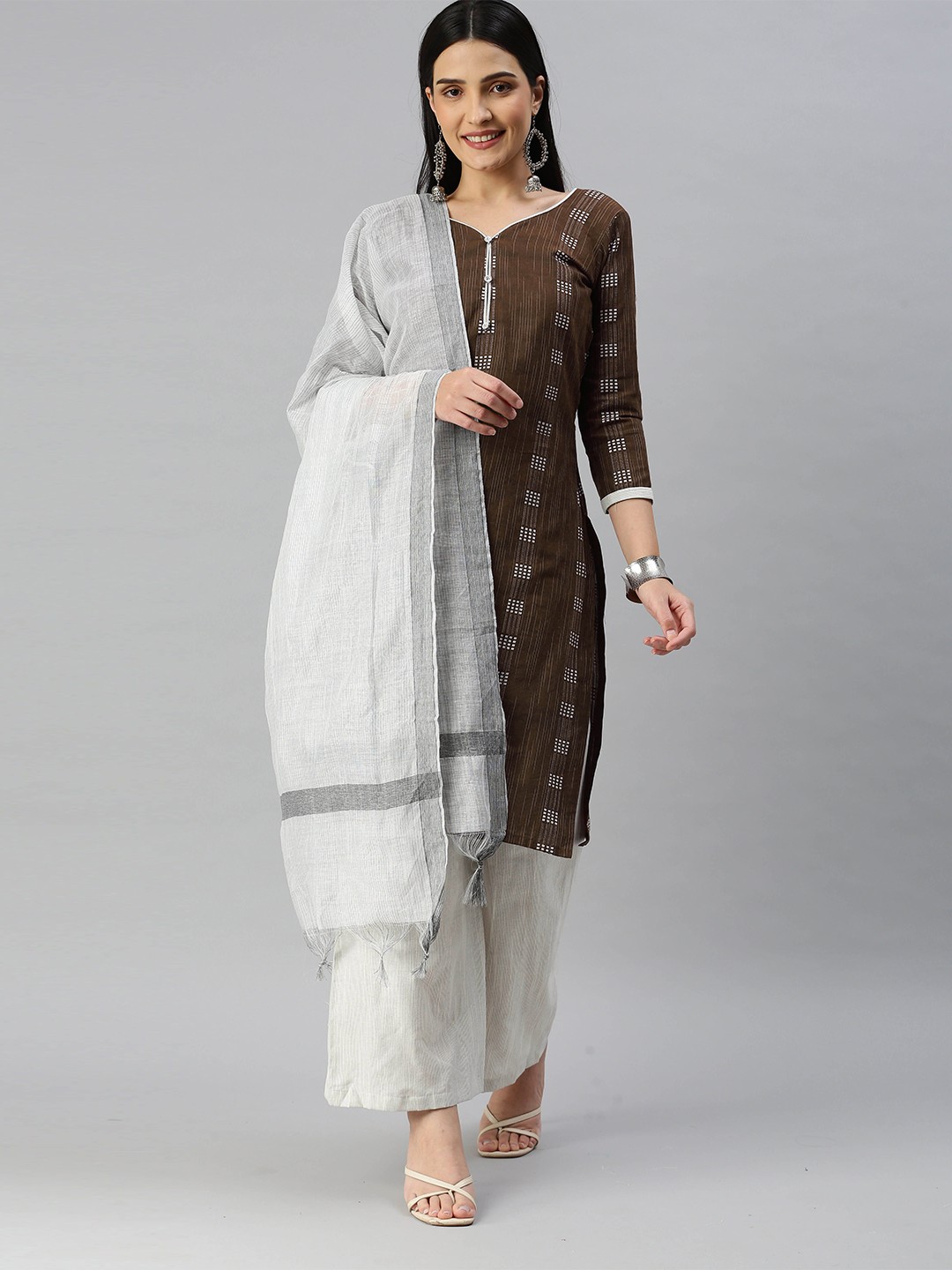 

MANVAA Striped Unstitched Dress Material, Brown