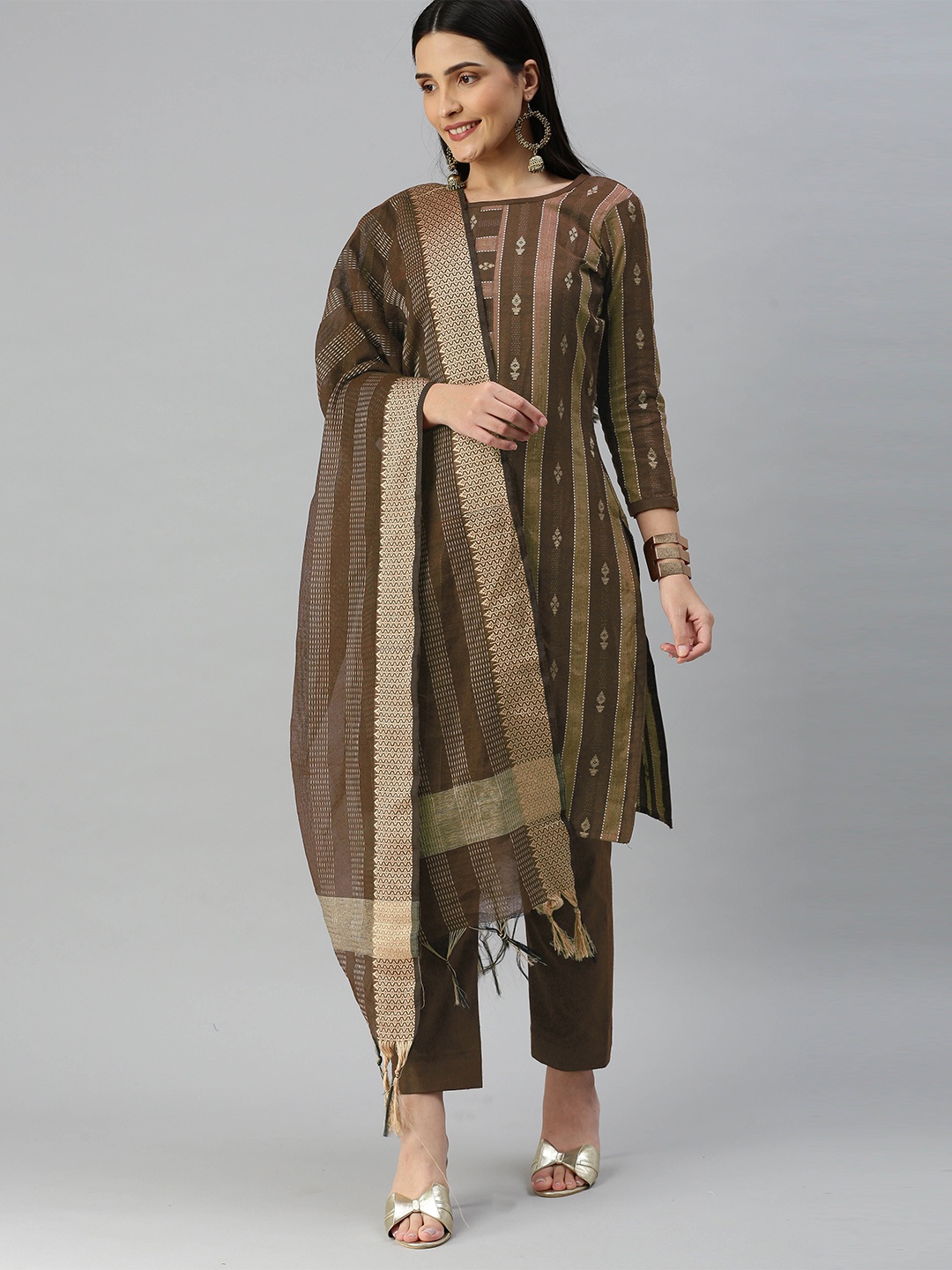 

MANVAA Striped Woven Design Unstitched Dress Material, Brown
