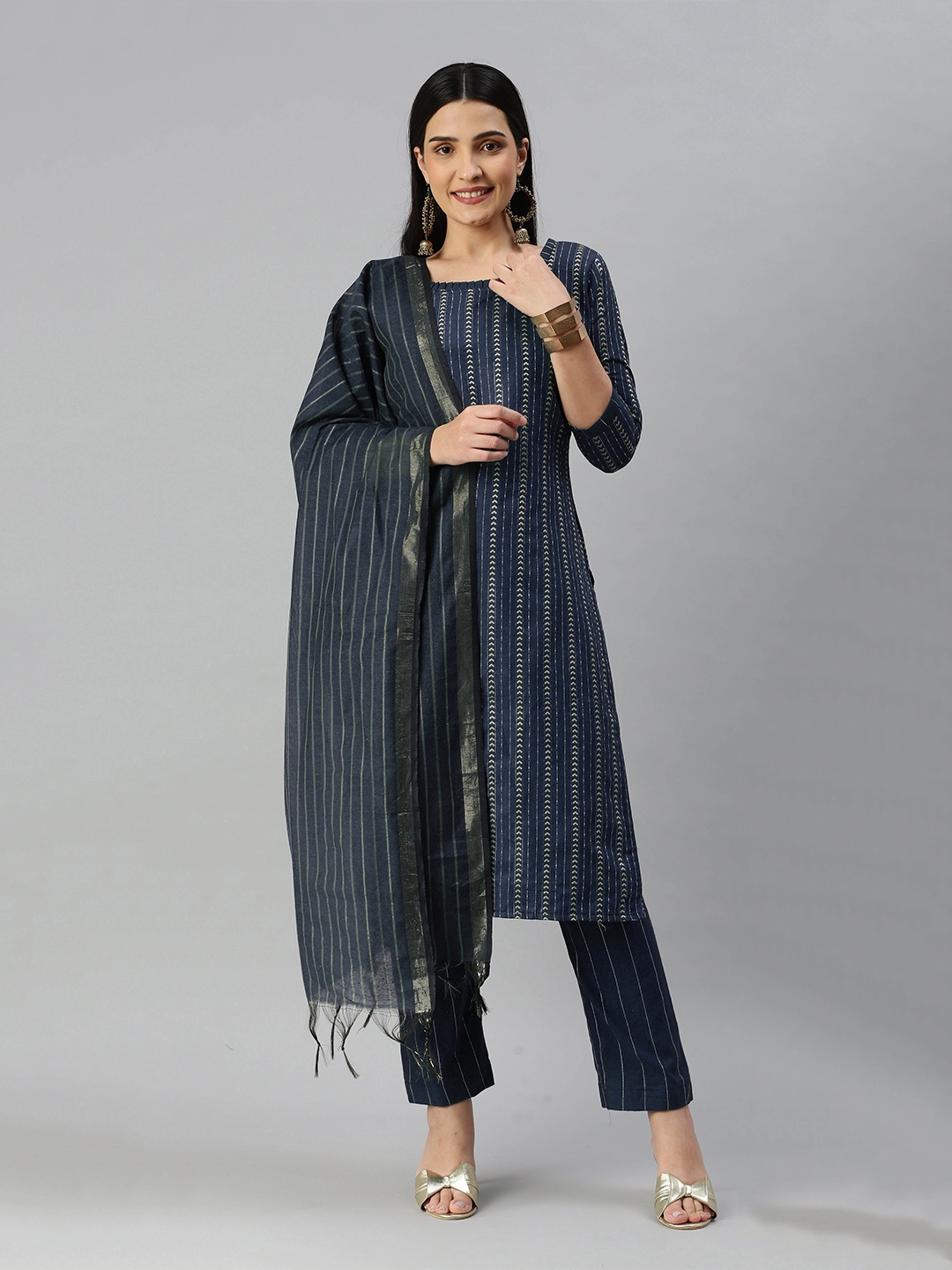 

MANVAA Striped Woven Design Unstitched Dress Material, Blue