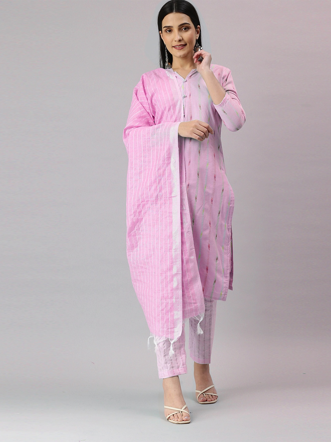 

MANVAA Striped Woven Design Unstitched Dress Material, Pink