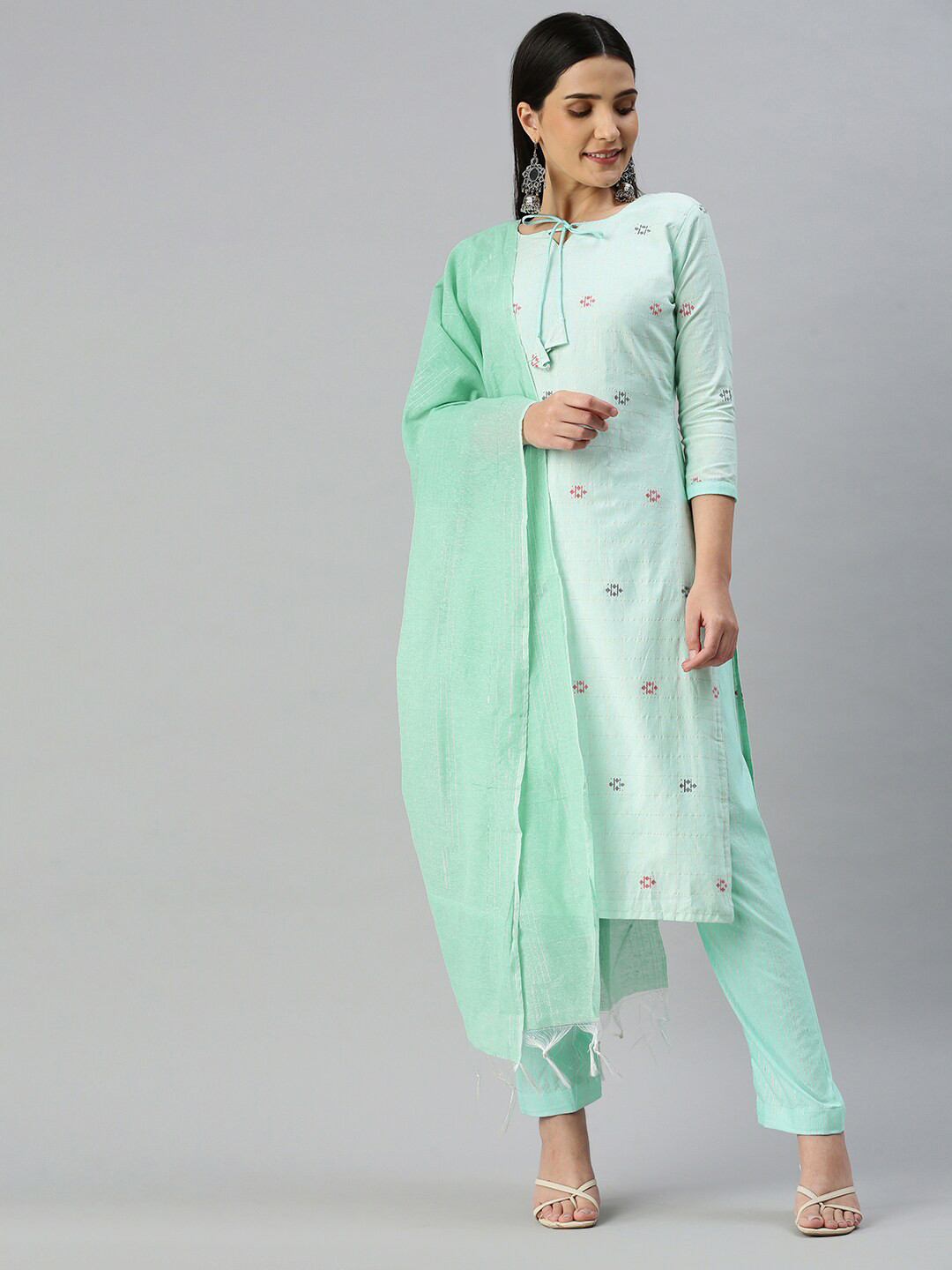 

MANVAA Ethnic Motifs Woven Design Unstitched Dress Material, Sea green