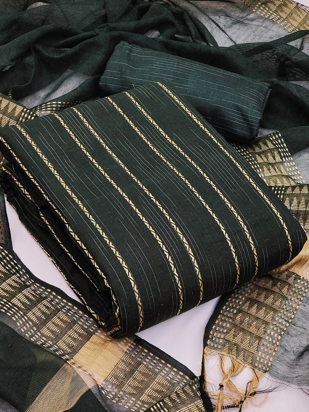 

MANVAA Striped Woven Design Unstitched Dress Material, Green