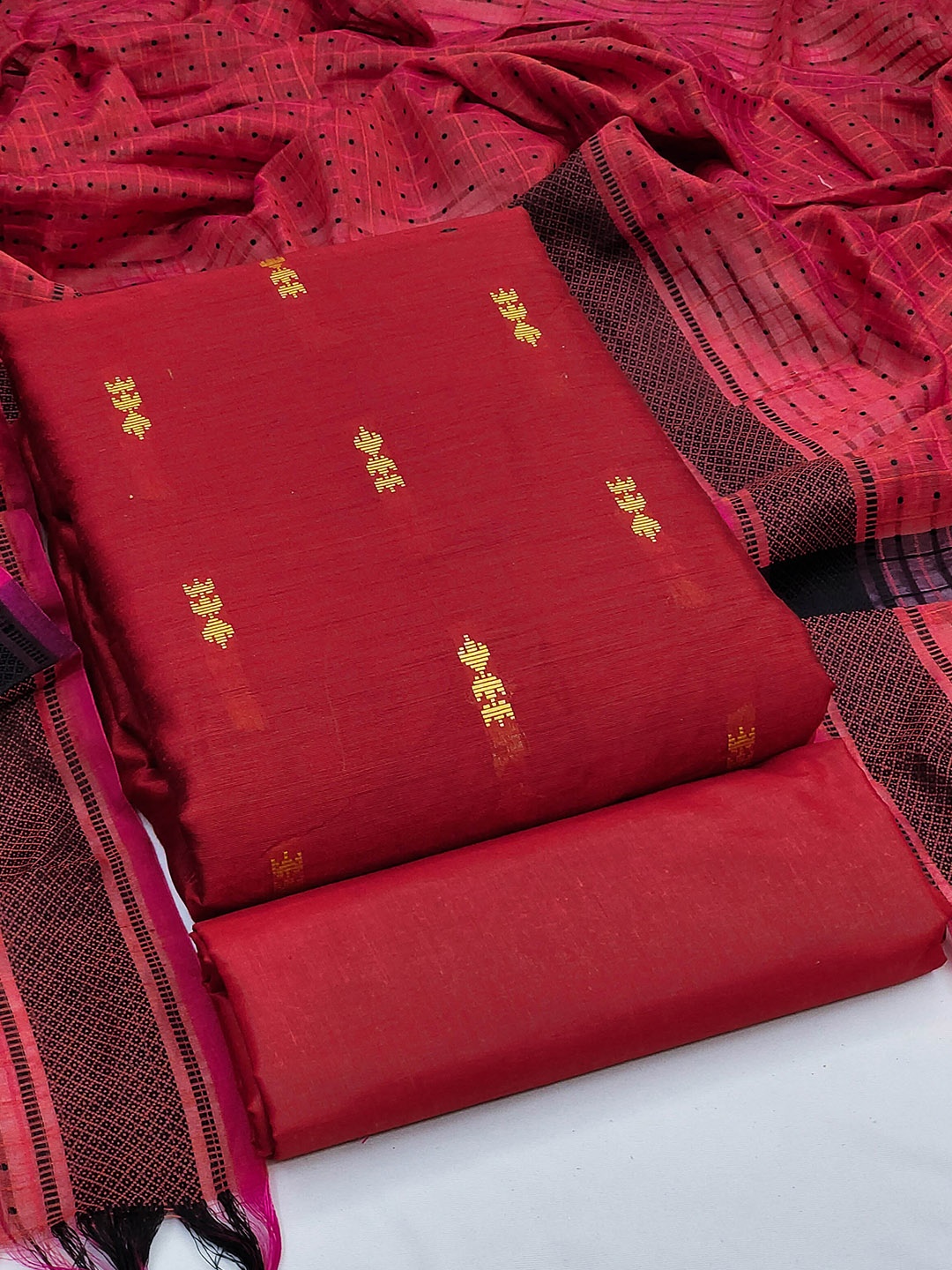 

MANVAA Ethnic Motifs Woven Design Unstitched Dress Material, Red