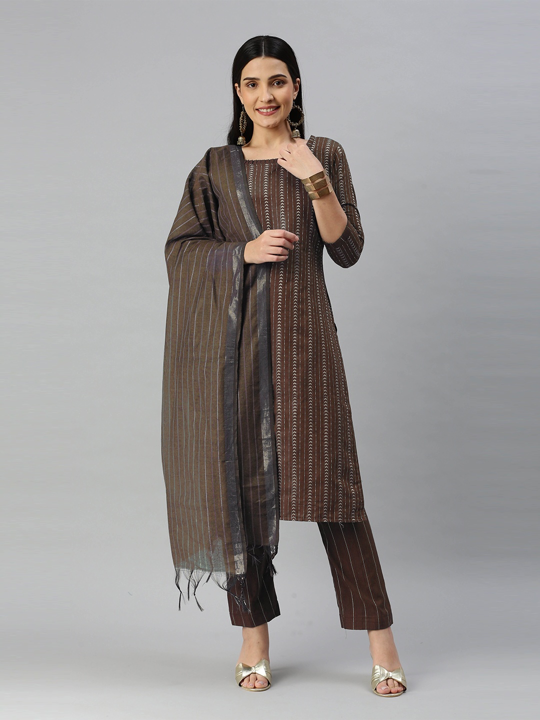

MANVAA Striped Woven Design Unstitched Dress Material, Brown