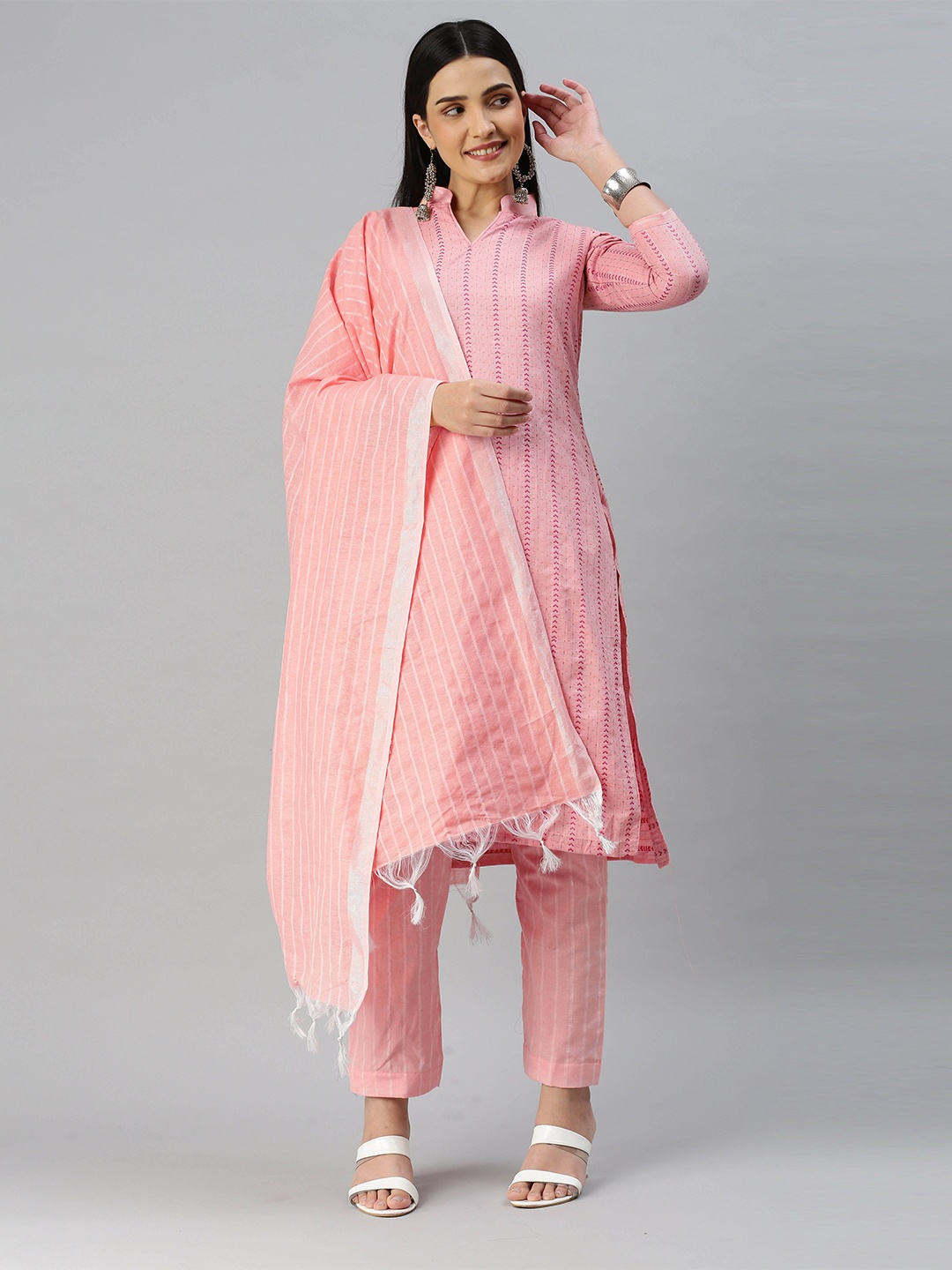 

MANVAA Ethnic Motifs Woven Design Jacquard Unstitched Dress Material, Pink