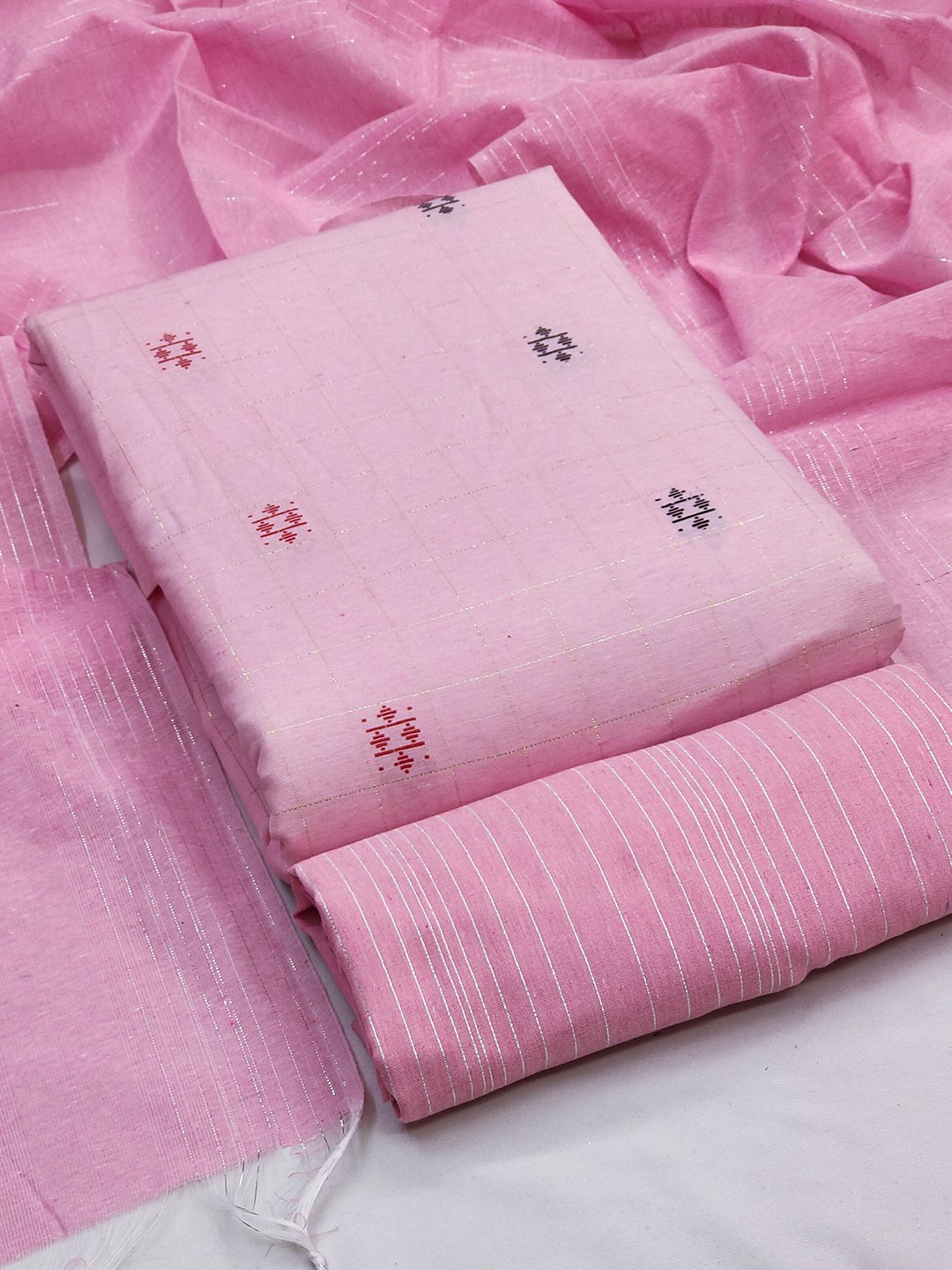 

MANVAA Ethnic Motifs Woven Design Unstitched Dress Material, Pink