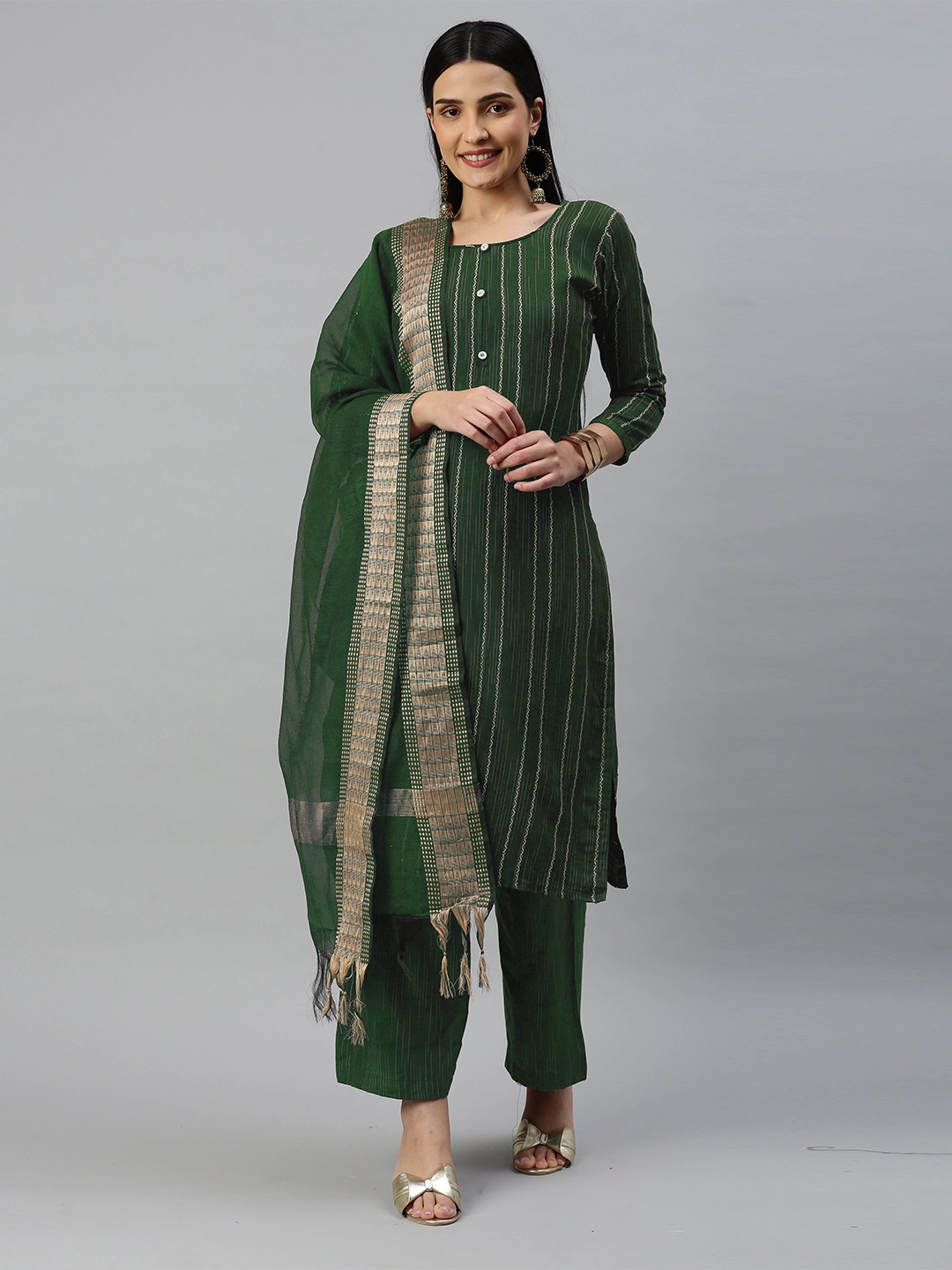 

MANVAA Striped Woven Design Unstitched Dress Material, Green