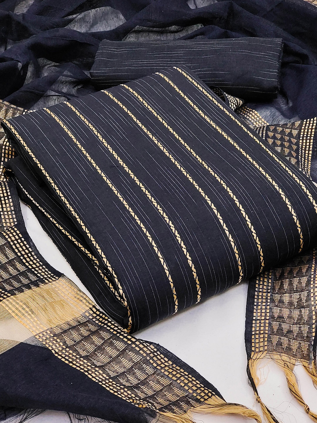 

MANVAA Striped Unstitched Dress Material, Blue
