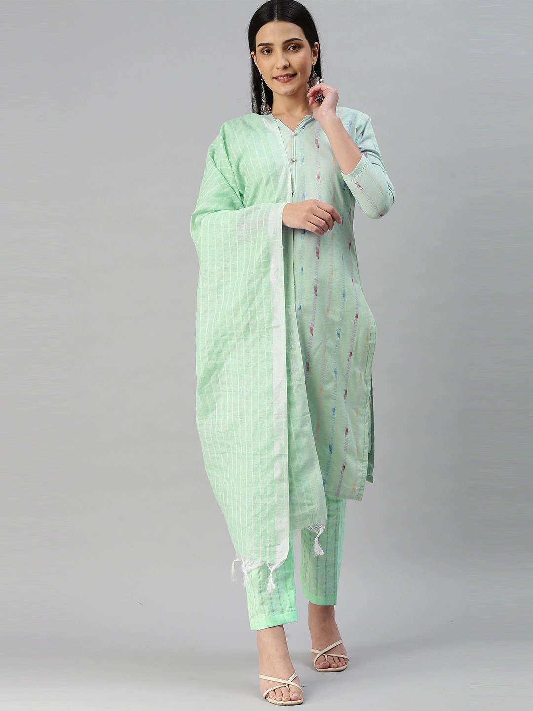 

MANVAA Striped Woven Design Unstitched Dress Material, Green