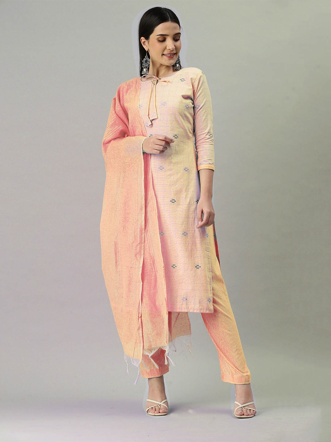 

MANVAA Ethnic Motifs Woven Design Unstitched Dress Material, Peach