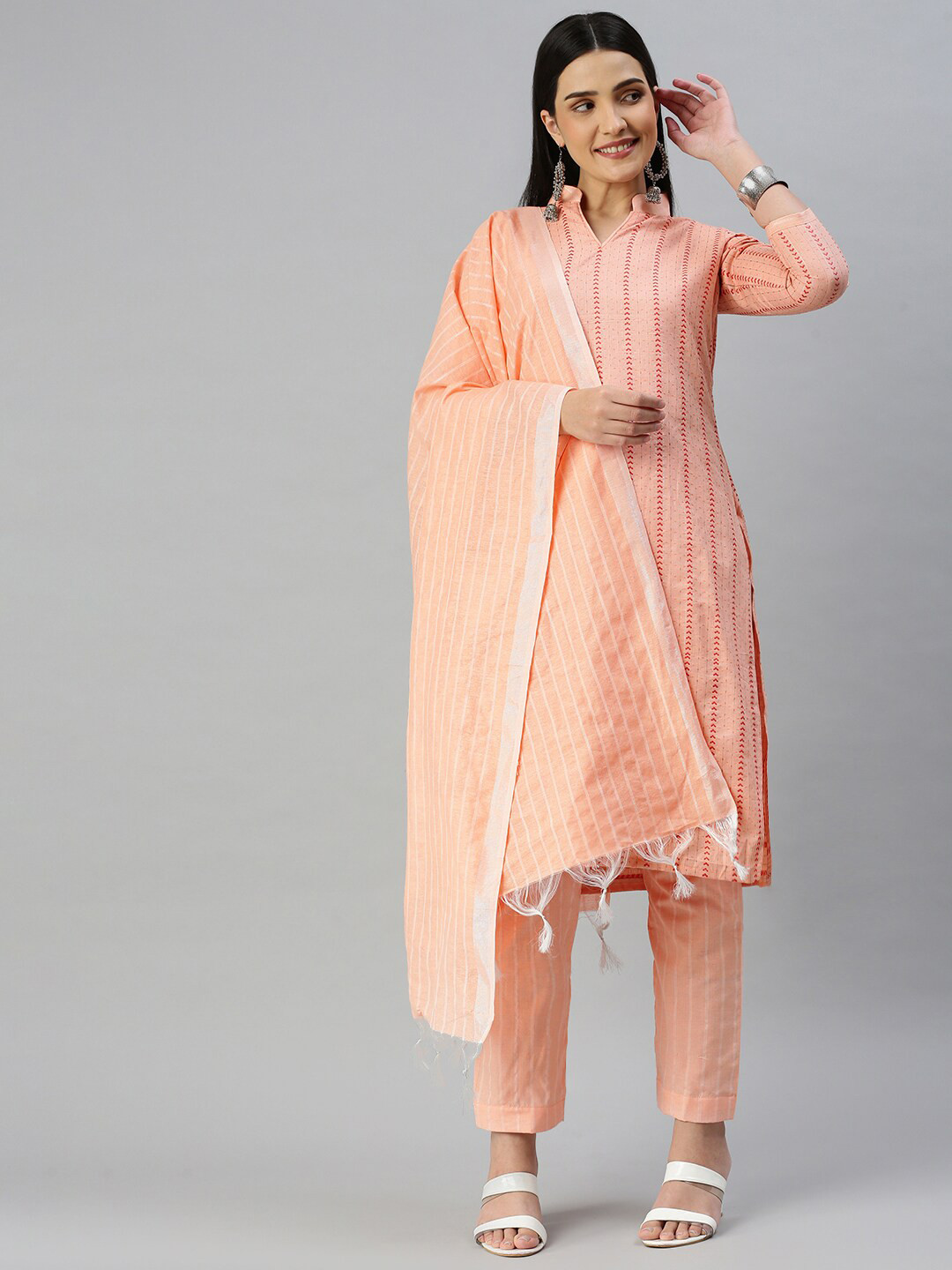 

MANVAA Ethnic Motifs Woven Design Unstitched Dress Material, Peach