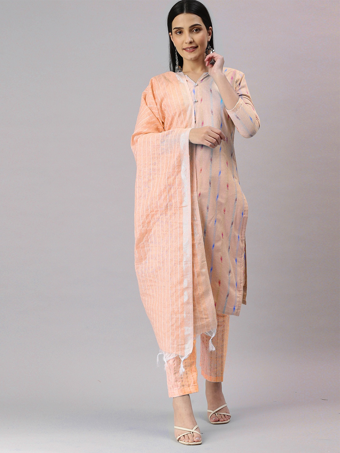 

MANVAA Striped Woven Design Unstitched Dress Material, Peach
