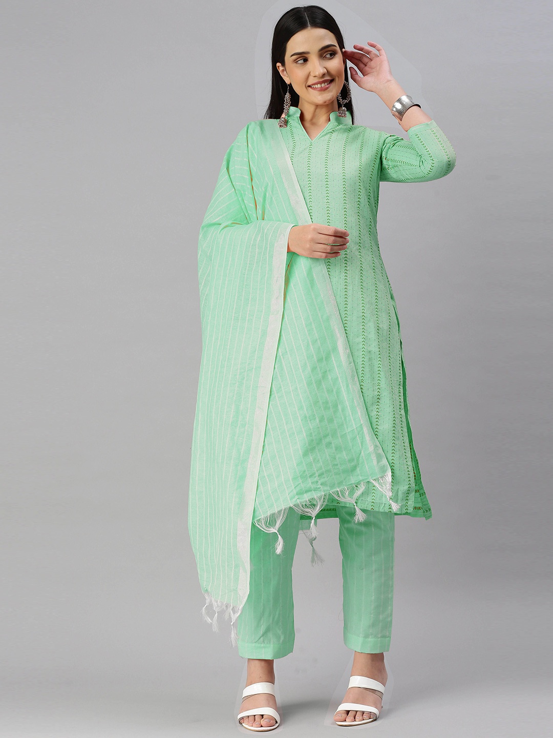 

MANVAA Striped Woven Design Unstitched Dress Material, Green