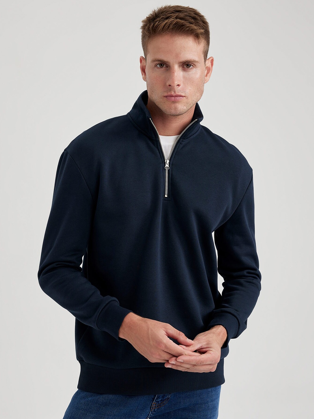 

DeFacto Mock Collar Cotton Front-Open Ribbed Sweater, Navy blue