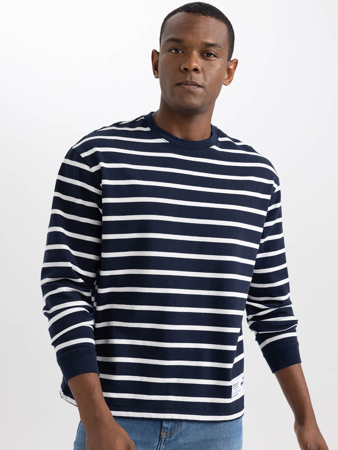

DeFacto Striped Pure Cotton Pullover Sweatshirt, Navy blue