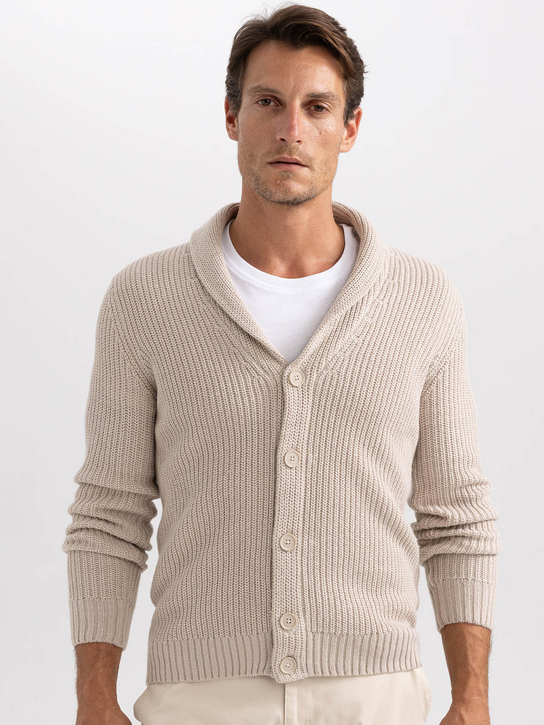

DeFacto Shawl Collar Ribbed Cardigan Sweaters, Beige