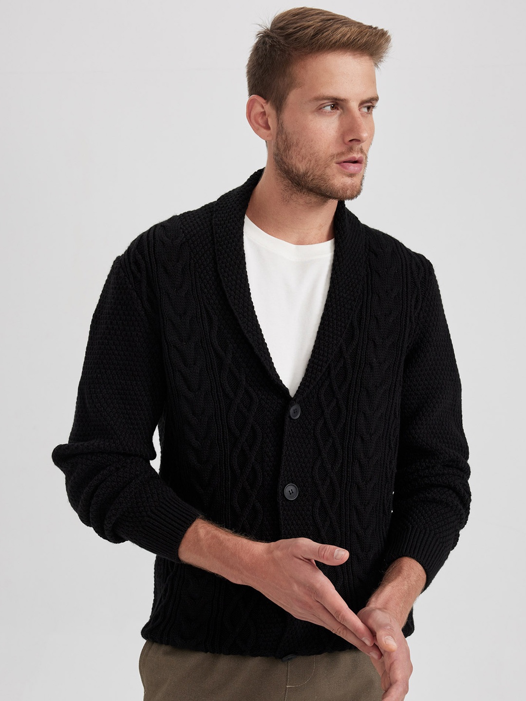 

DeFacto Self Design Shawl Collar Cable Knit Cardigan, Black