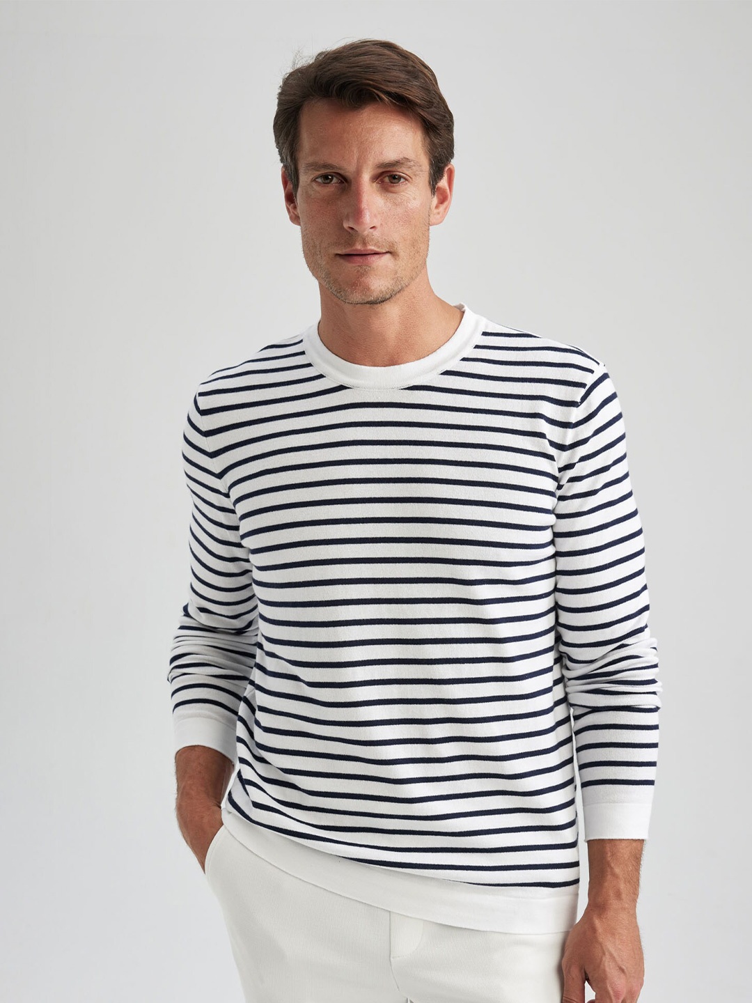 

DeFacto Striped Pure Cotton Pullover Sweater, White