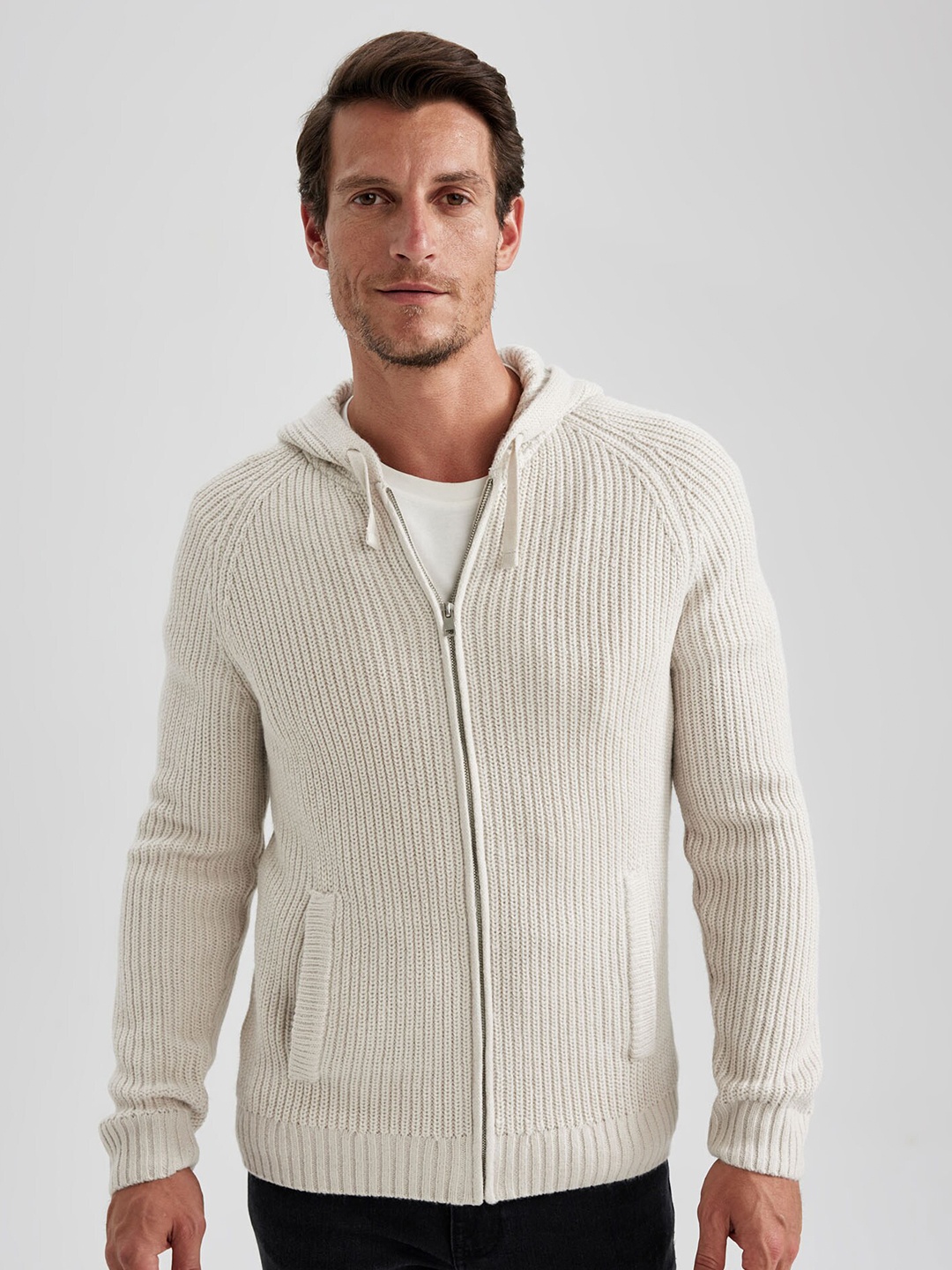 

DeFacto Hooded Long Sleeves Ribbed Acrylic Cardigan, Off white