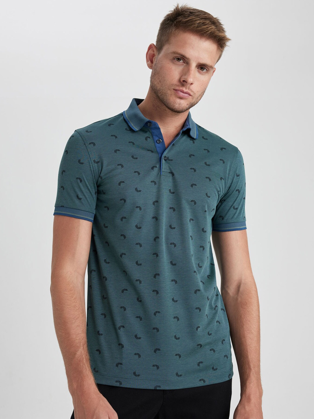 

DeFacto Floral Printed Polo Collar T-shirt, Teal