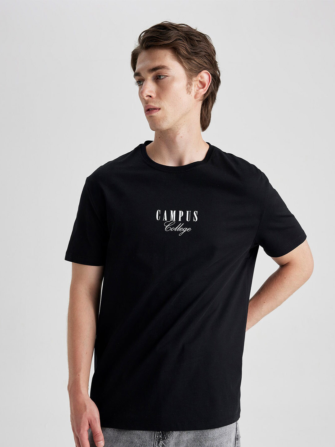 

DeFacto Typography Printed Round Neck Pure Cotton T-shirt, Black