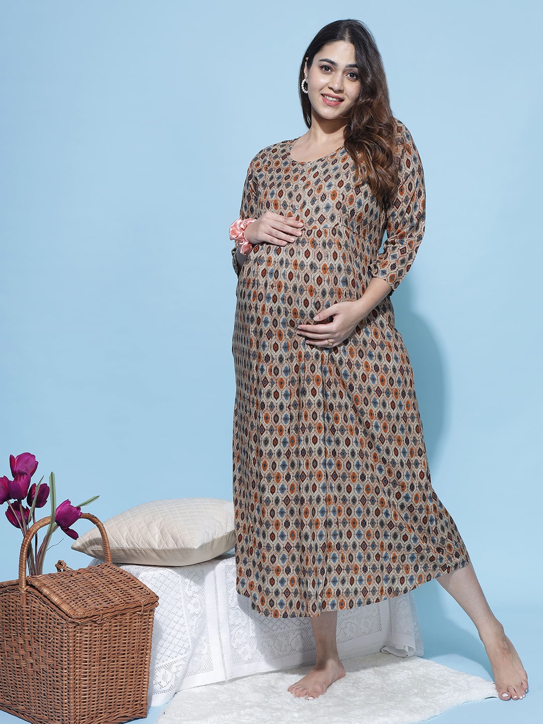 

9shines Label Ethnic Motifs Printed Maternity Nightdress, Brown