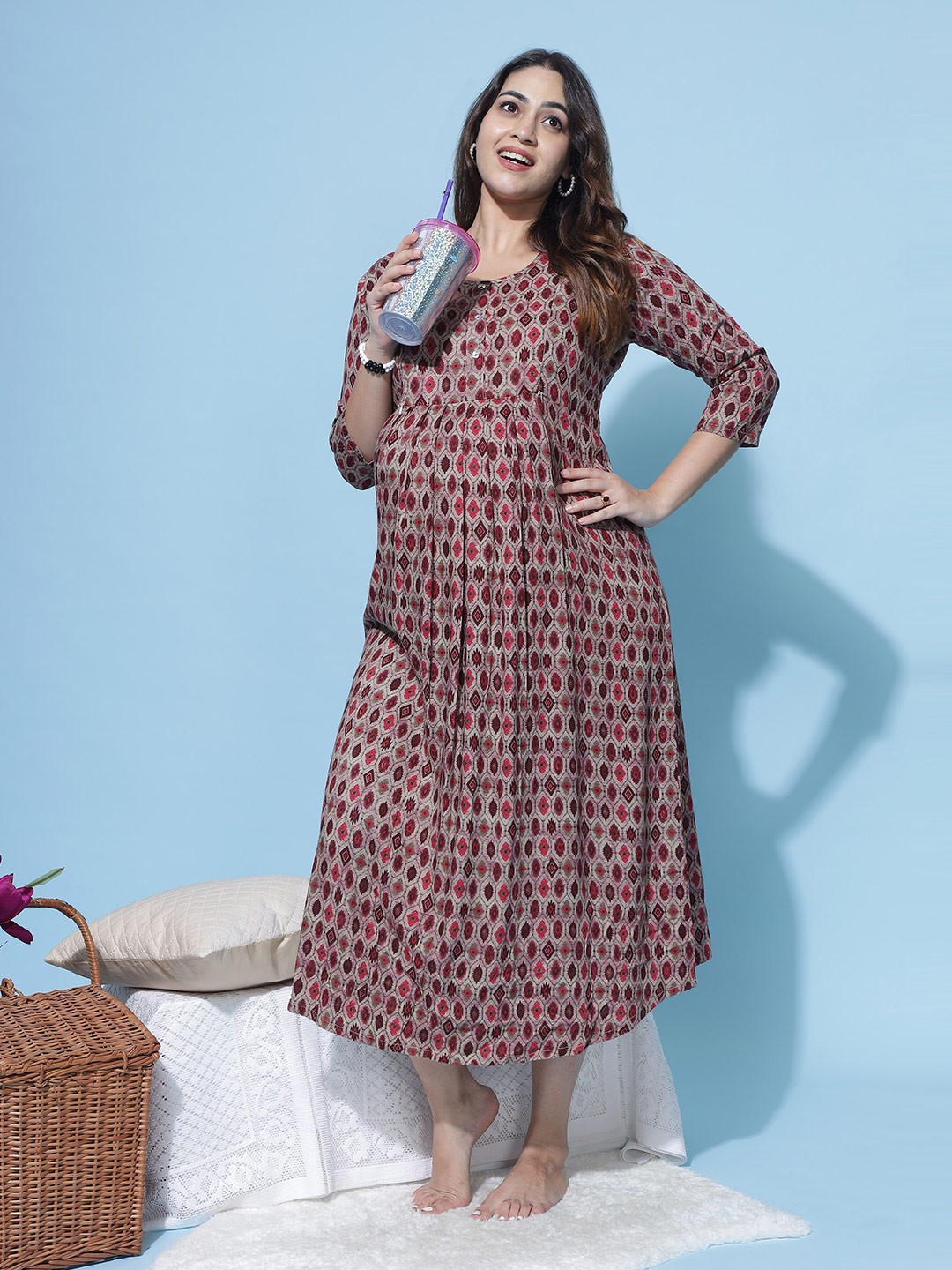 

9shines Label Ethnic Motifs Printed Maternity Nightdress, Maroon