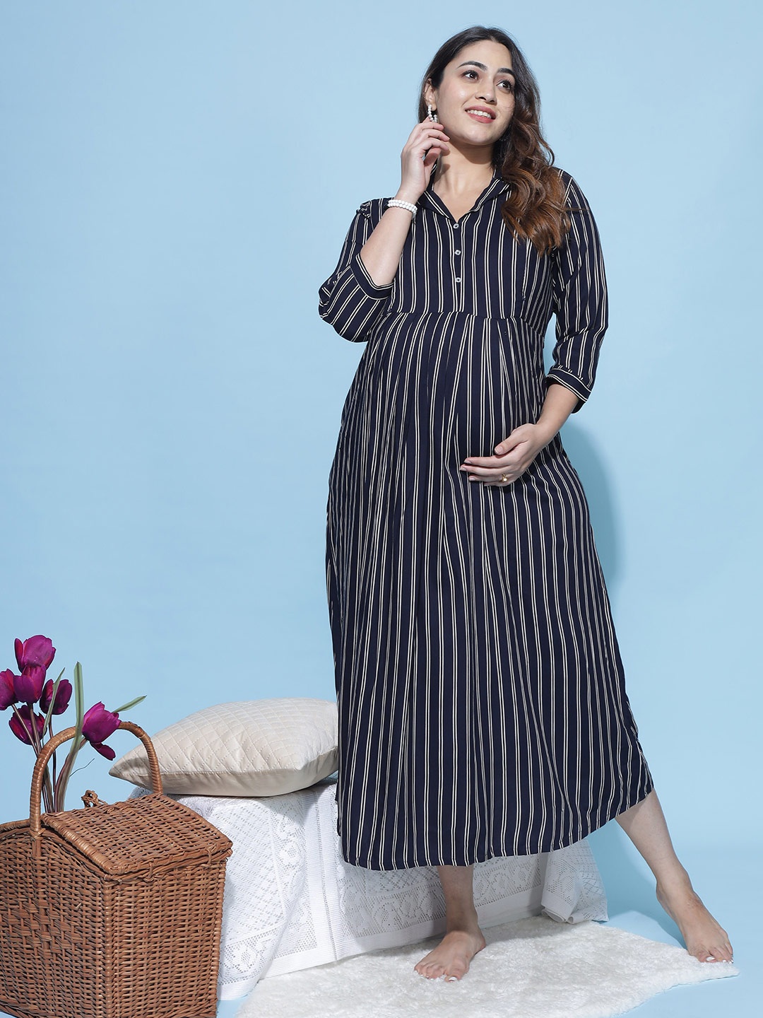 

9shines Label Striped Lapel Collar Maternity Nightdress, Blue