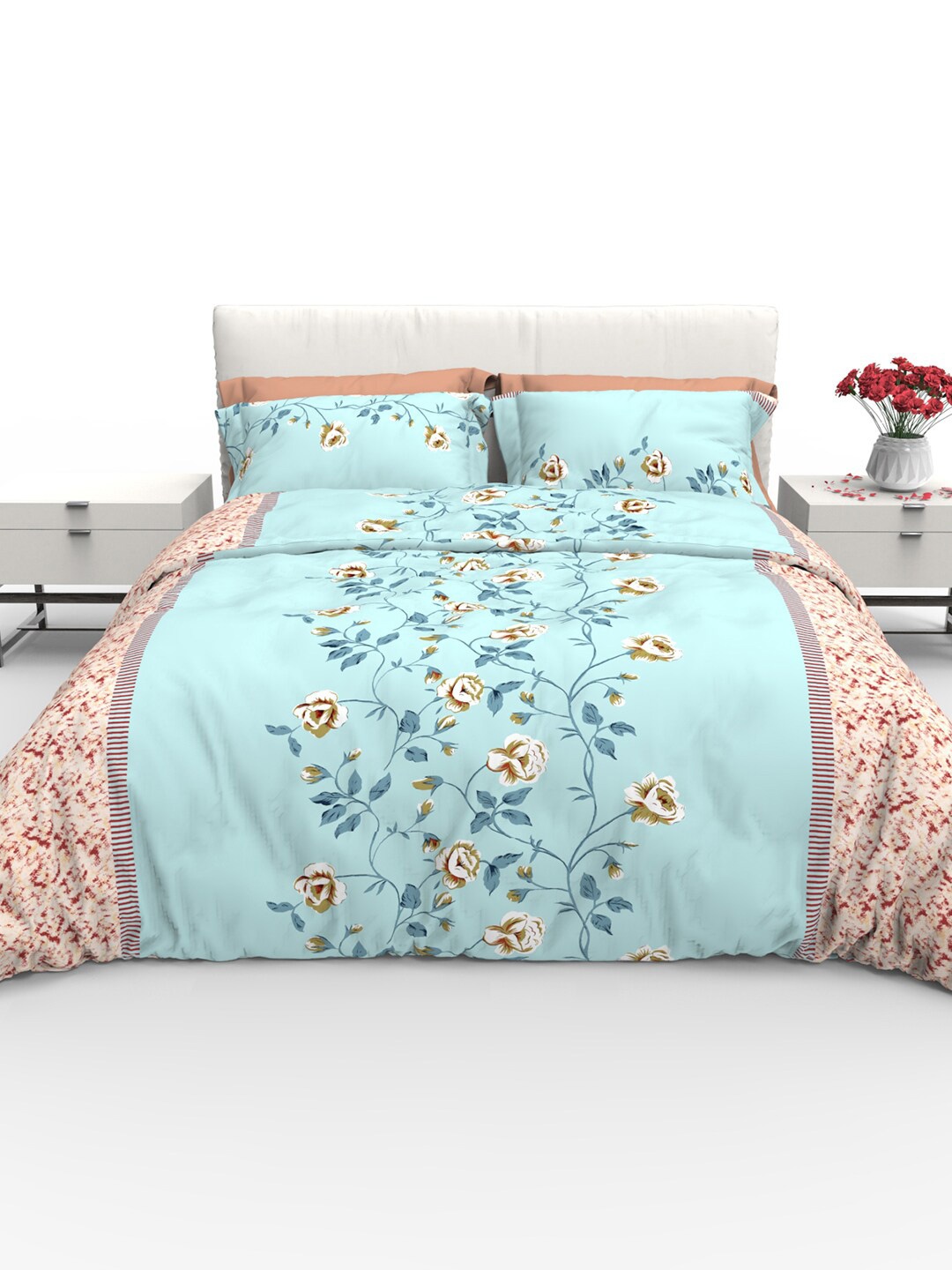 

THE WHITE MOSS Faith Blue & Beige Floral Cotton 220 TC Queen Bedsheet & 2 Pillow Covers