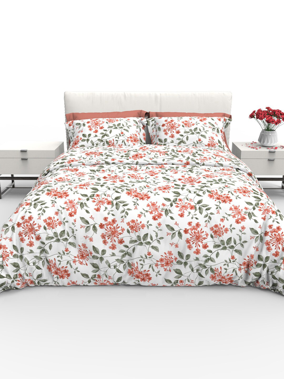 

THE WHITE MOSS Faith White & Red Floral Cotton 220 TC Queen Bedsheet with 2 Pillow Covers
