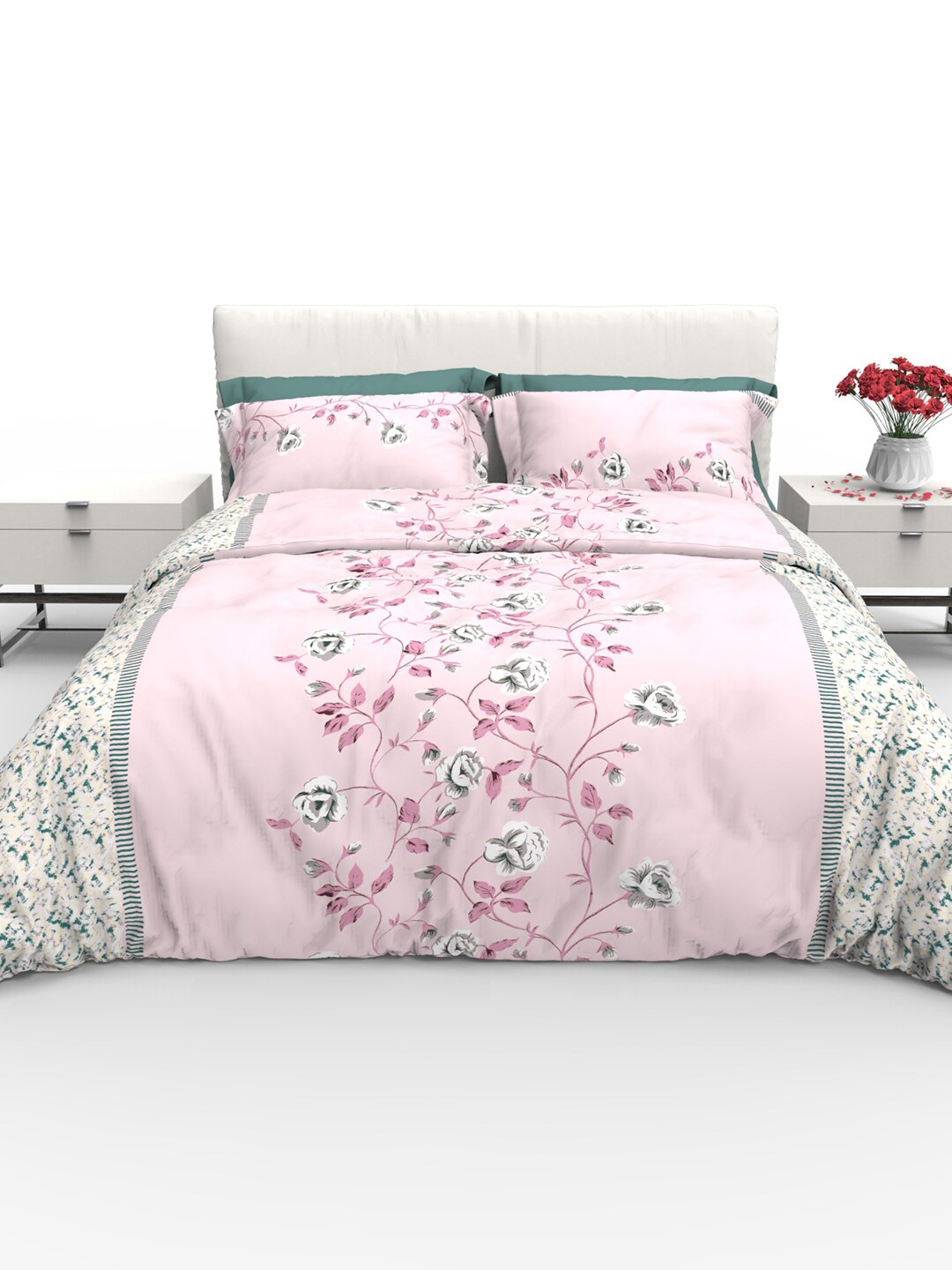 

THE WHITE MOSS Faith Pink & White Floral Cotton 220 TC Queen Bedsheet with 2 Pillow Covers