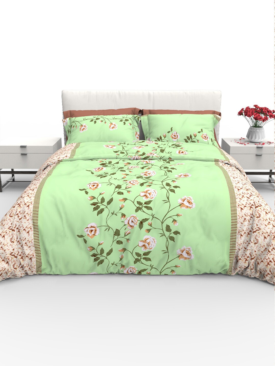 

THE WHITE MOSS Faith Green & Beige Cotton 220 TC Queen Bedsheet with 2 Pillow Covers