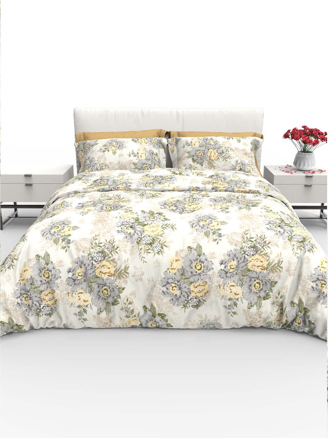 

THE WHITE MOSS White Printed Cotton 220 TC Queen Bedsheet with 2 Pillow Covers