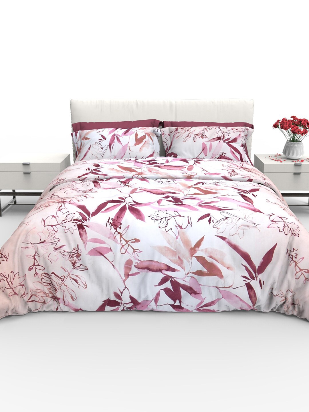 

THE WHITE MOSS White & Maroon Floral Cotton 220 TC Queen Bedsheet With 2 Pillow Covers