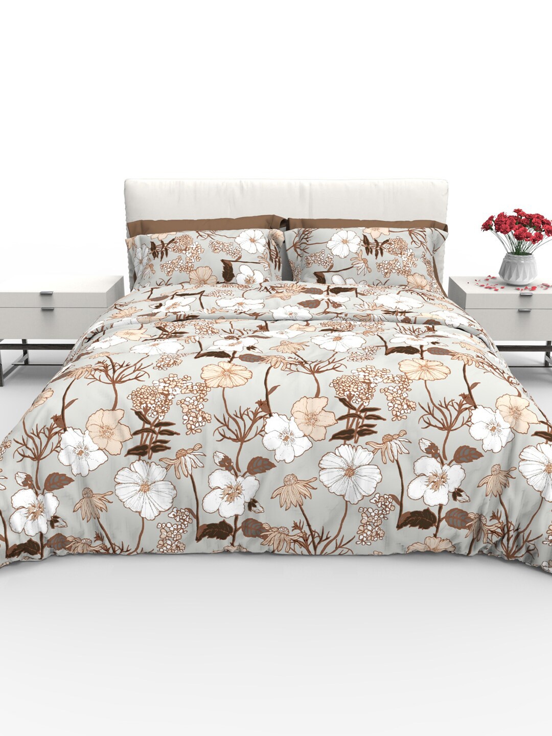

THE WHITE MOSS Grey & White Floral Cotton 220 TC Queen Bedsheet With 2 Pillow Covers