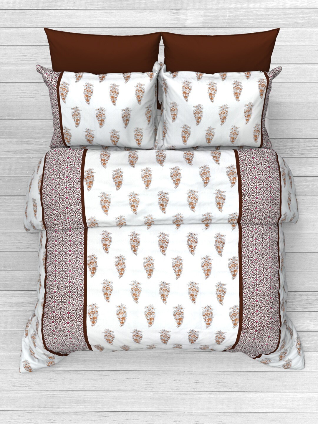 

THE WHITE MOSS Brown & White Ethnic Motifs Cotton 220 TC Queen Bedsheet & 2 Pillow Covers